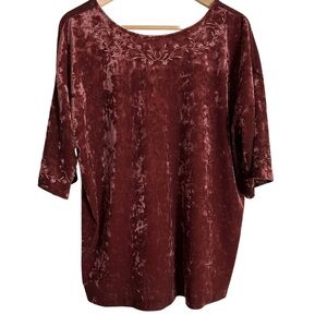 J. Jill Womens Velvet Burgundy Blouse Short Sleeve Crushed Velvet Size Medium